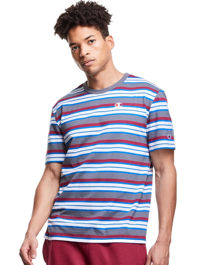 Champion Yarn-Dye Stripe C Logo T-Shirt Heren - Grijs/Wit/Rood - Belgie 8951HQKPB